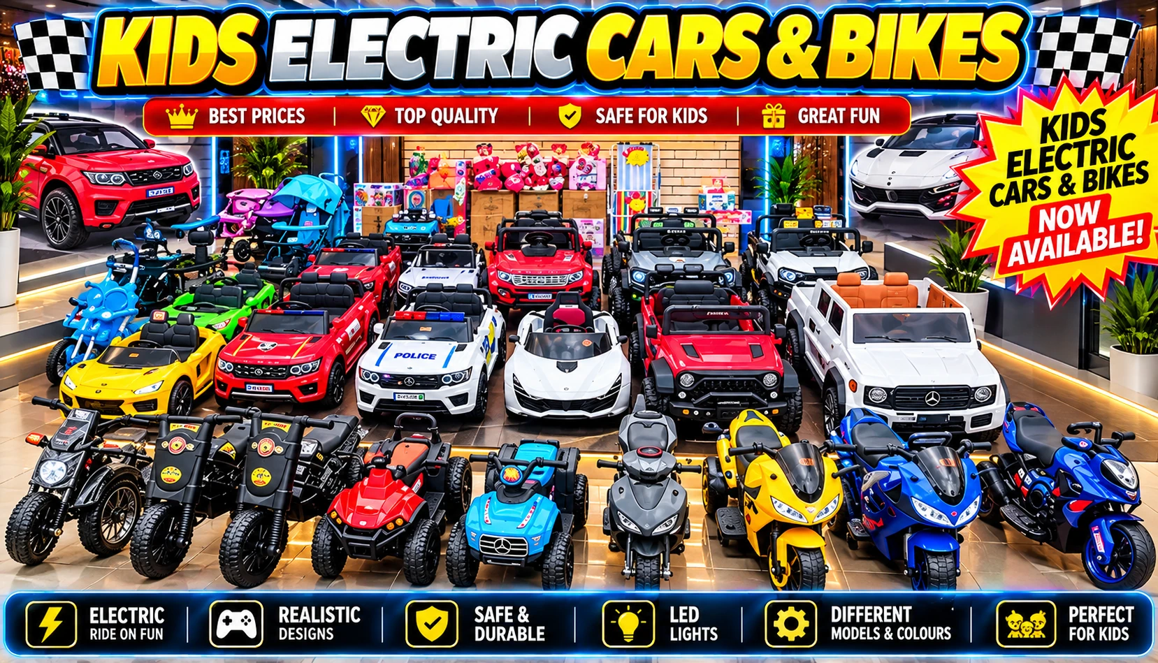 Kids Electric Cars and Bikes showroom banner featuring cars, bikes and ATVs